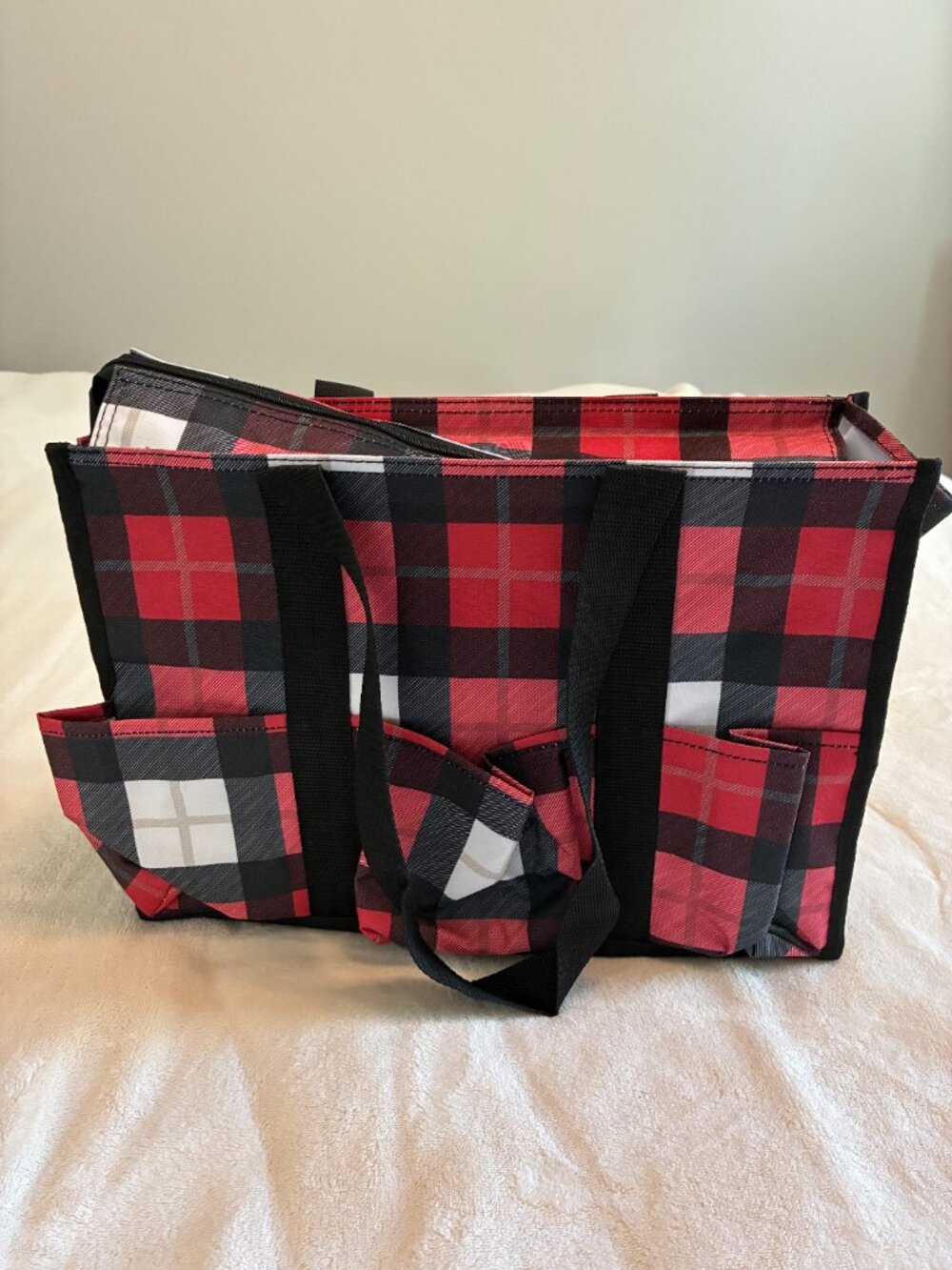Thirty-One Zip-Top Organizing Utility Tote Check Mate Plaid NWT